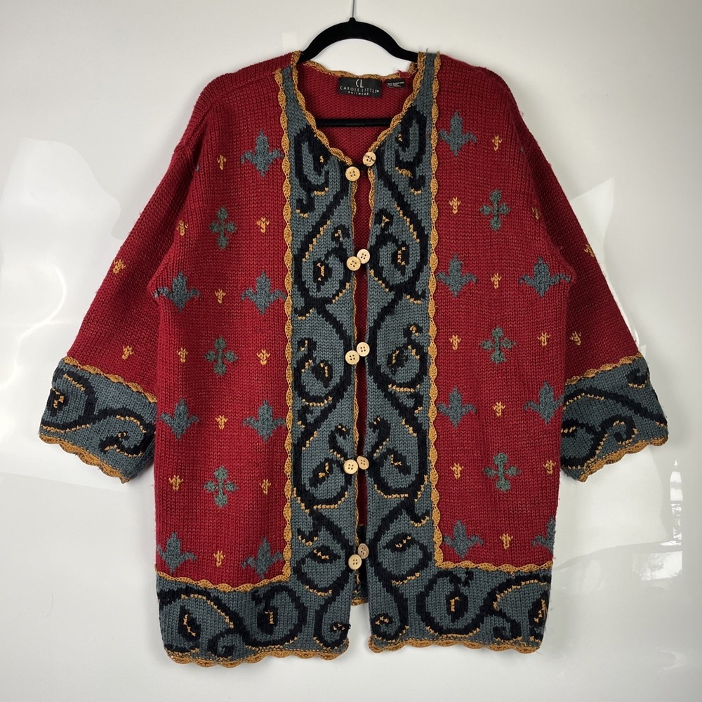 Carole Little Knitwear Button Up Cardigan Sweater Women's XL Colorful Art Fleur